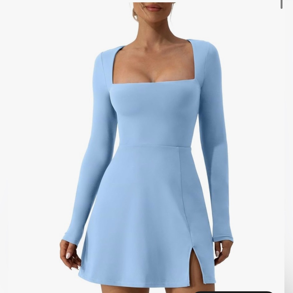 NWT Athletic - Capri Blue Long Sleeve - Square Neck Dress Side Slit A Line Flare